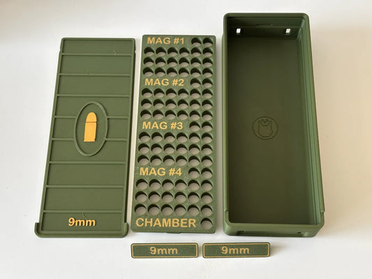 Ammo Storage Box - 9mm - 81 Rounds + 4 Mag Slots (20rd) - 3D printed by Mythical Makers 3D