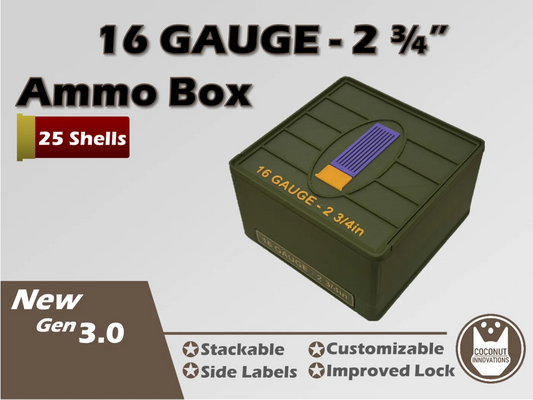 Ammo Storage Box - 16 Gauge 2-3/4in - 25 Shells - 3D printed by Mythical Makers 3D