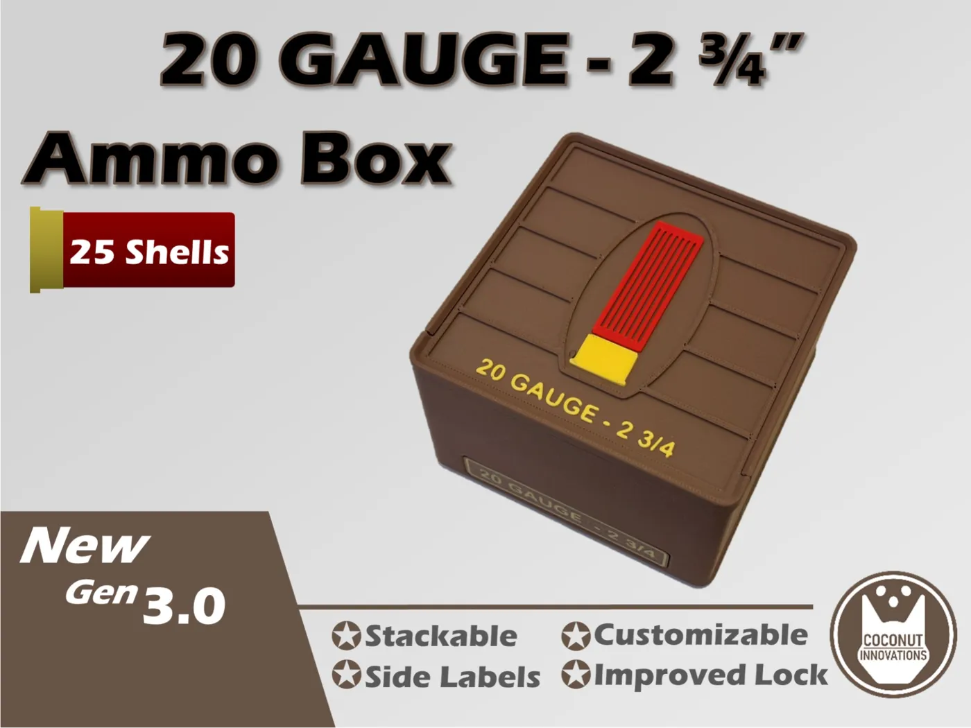 Ammo Storage Box - 20 Gauge 2-3/4in - 25 Shells - 3D printed by Mythical Makers 3D