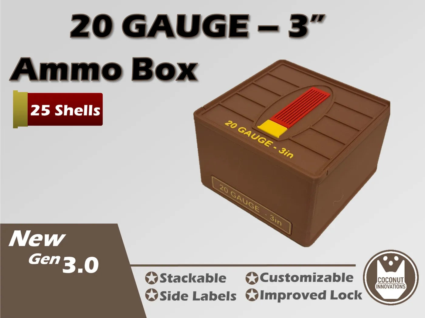 Ammo Storage Box - 20 Gauge 3in - 25 Shells - 3D printed by Mythical Makers 3D