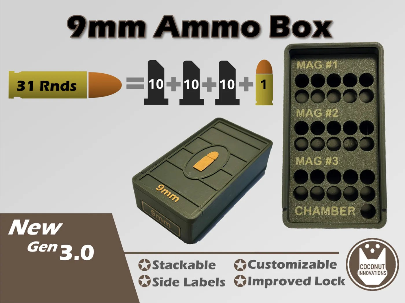 Ammo Storage Box - 9mm - 31 Rounds + 3 Mag Slots (10rd) - 3D printed by Mythical Makers 3D