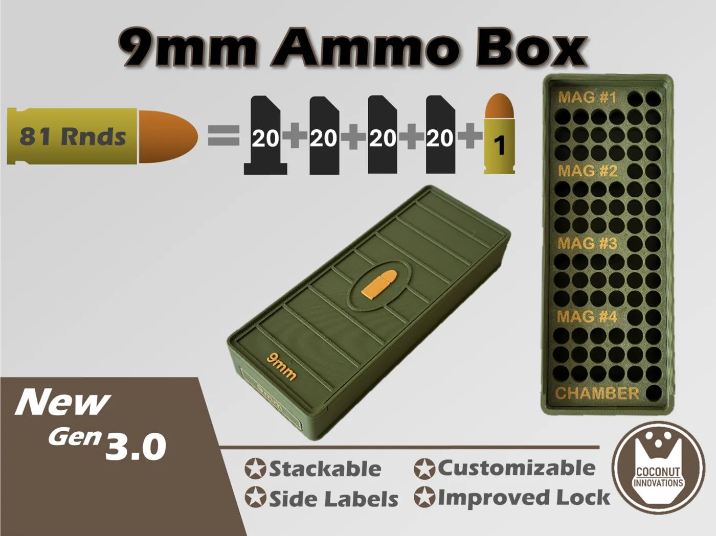 Ammo Storage Box - 9mm - 81 Rounds + 4 Mag Slots (20rd) - 3D printed by Mythical Makers 3D