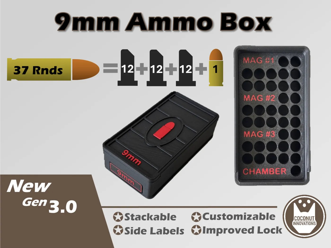 Ammo Storage Box - 9mm - 37 Rounds + 3 Mag Slots (12rd) - 3D printed by Mythical Makers 3D