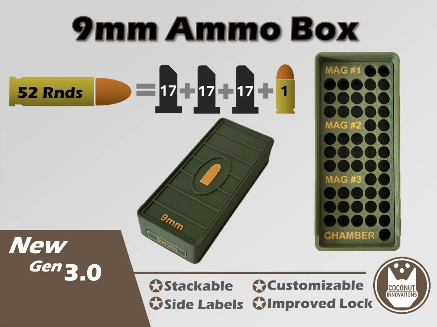 Ammo Box - 9mm - 52 Rounds + 3 Mag Slots (17rd) - 3D printed by Mythical Makers 3D