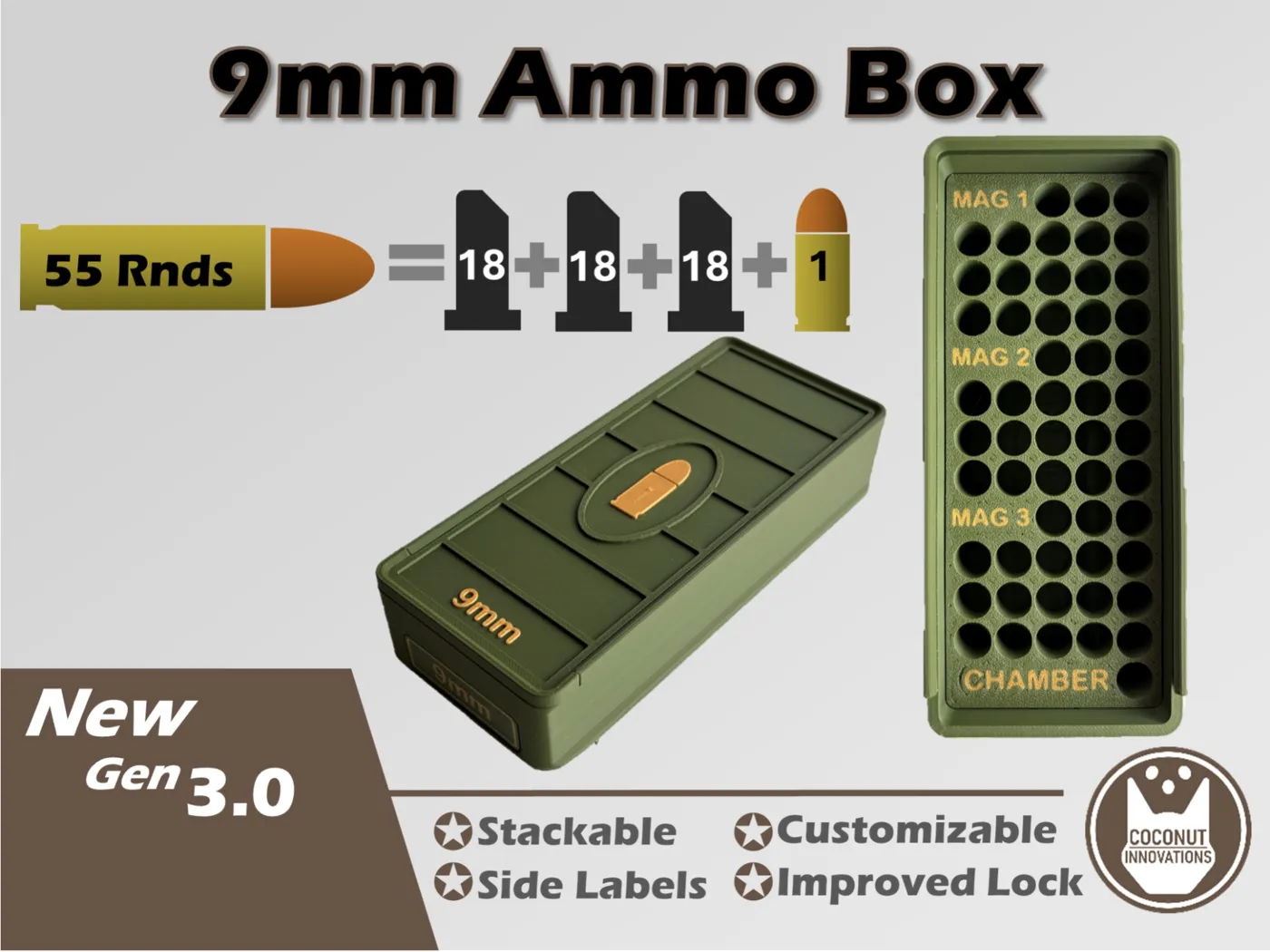 Ammo Box - 9mm - 55 Rounds + 3 Mag Slots (18rd) - 3D printed by Mythical Makers 3D
