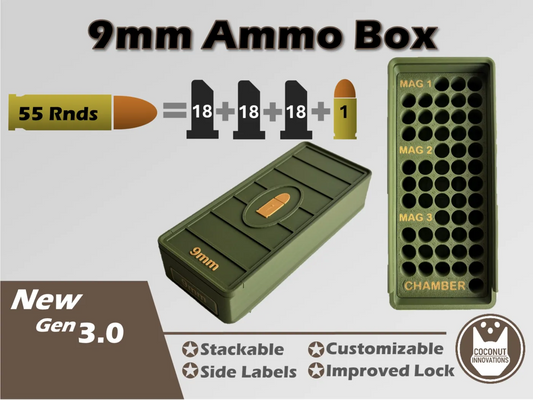 Ammo Box - 9mm - 55 Rounds + 3 Mag Slots (18rd) - 3D printed by Mythical Makers 3D