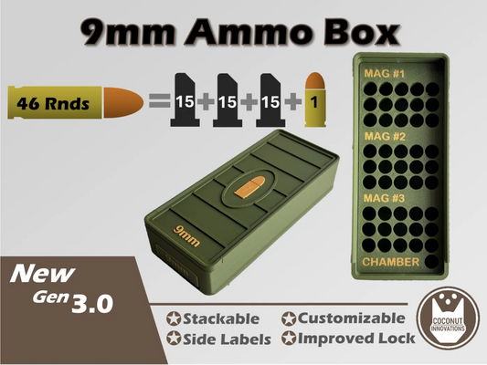 Ammo Box - 9mm - 46 Rounds + 3 Mag Slots (15rd) - 3D printed by Mythical Makers 3D