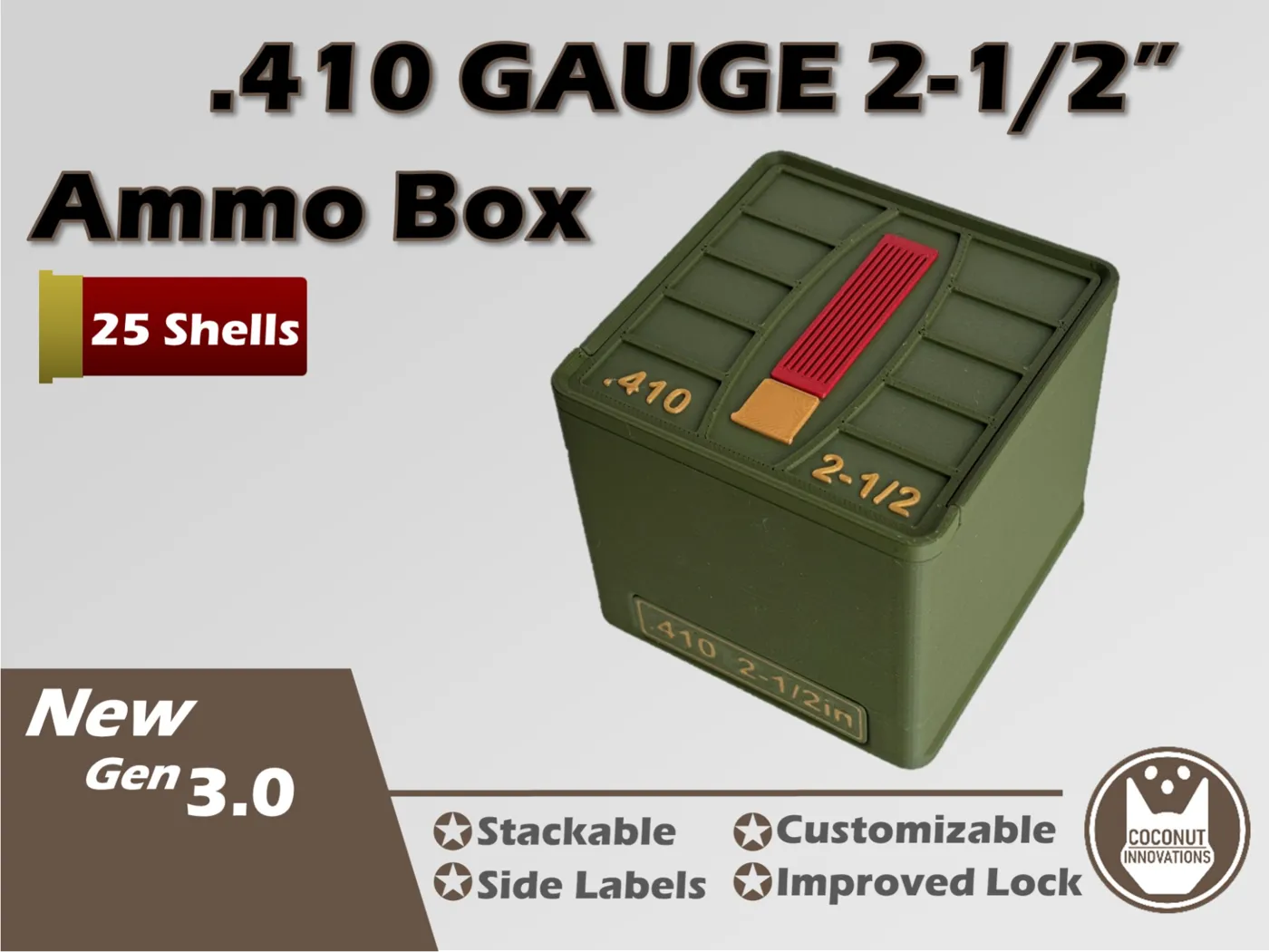 Ammo Storage Box - 410 Gauge 2-1/2in - 25 Shells - 3D printed by Mythical Makers 3D