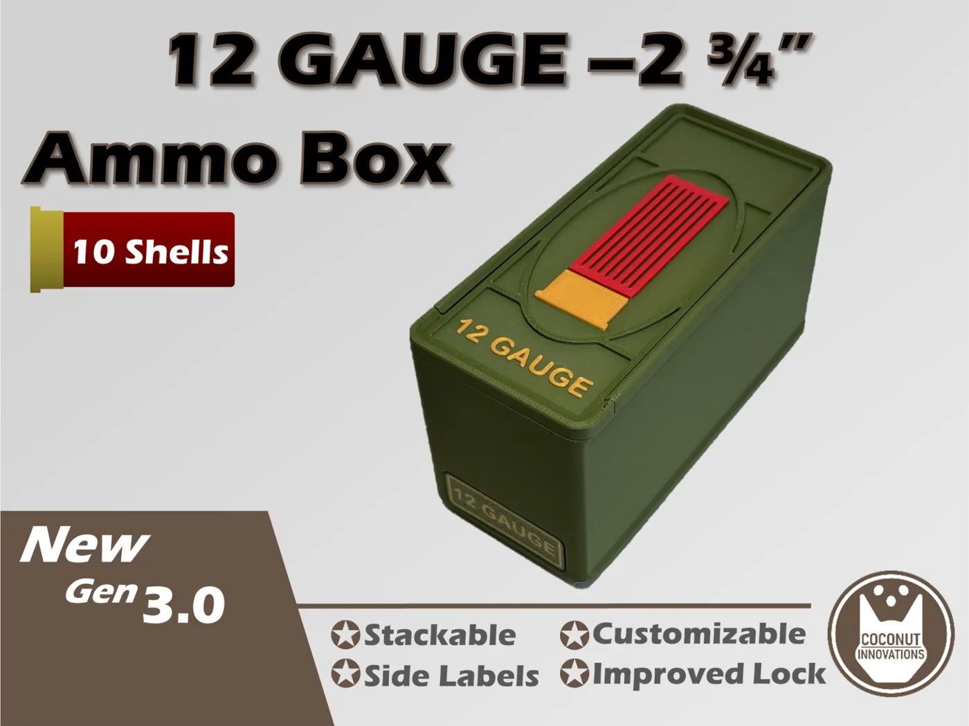 Ammo Storage Box - 12 Gauge 2-3/4in - 10 Shells - 3D printed by Mythical Makers 3D