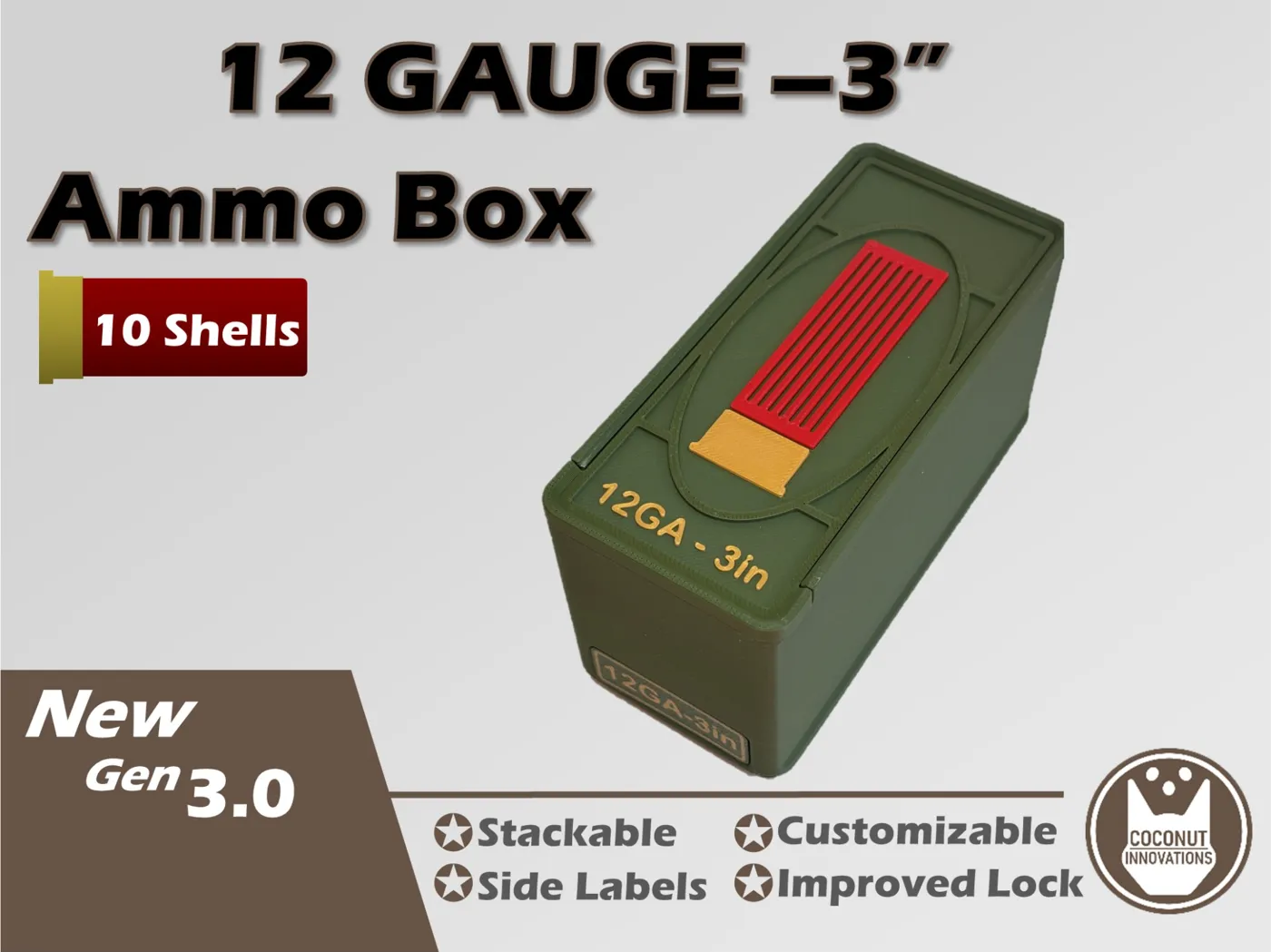 Ammo Storage Box - 12 Gauge 3in - 10 Shells - 3D printed by Mythical Makers 3D