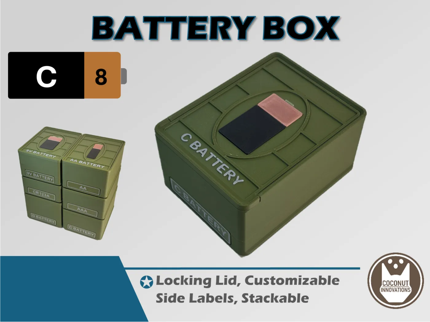 Battery Box - C Cell - 8 Count - Stackable - 3D printed by Mythical Makers 3D