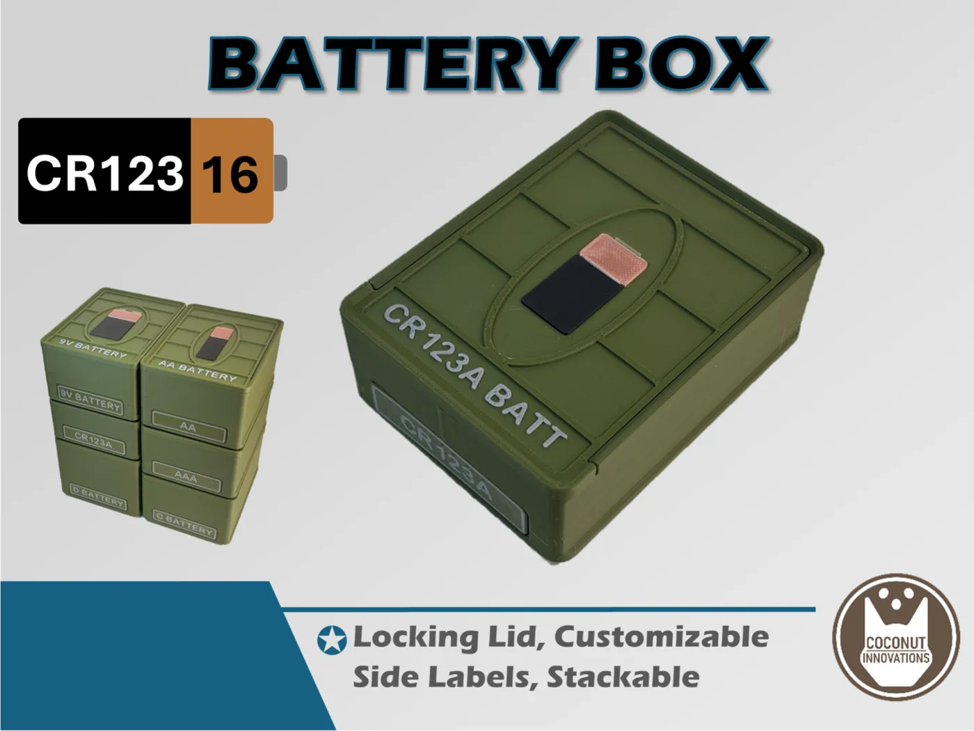 Battery Box - CR123 - 16 Count - Stackable - 3D printed by Mythical Makers 3D