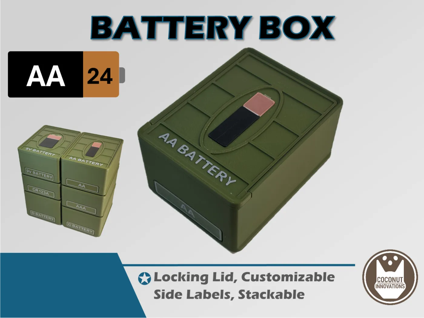 Battery Box - AA - 24 Count - Stackable - 3D printed by Mythical Makers 3D