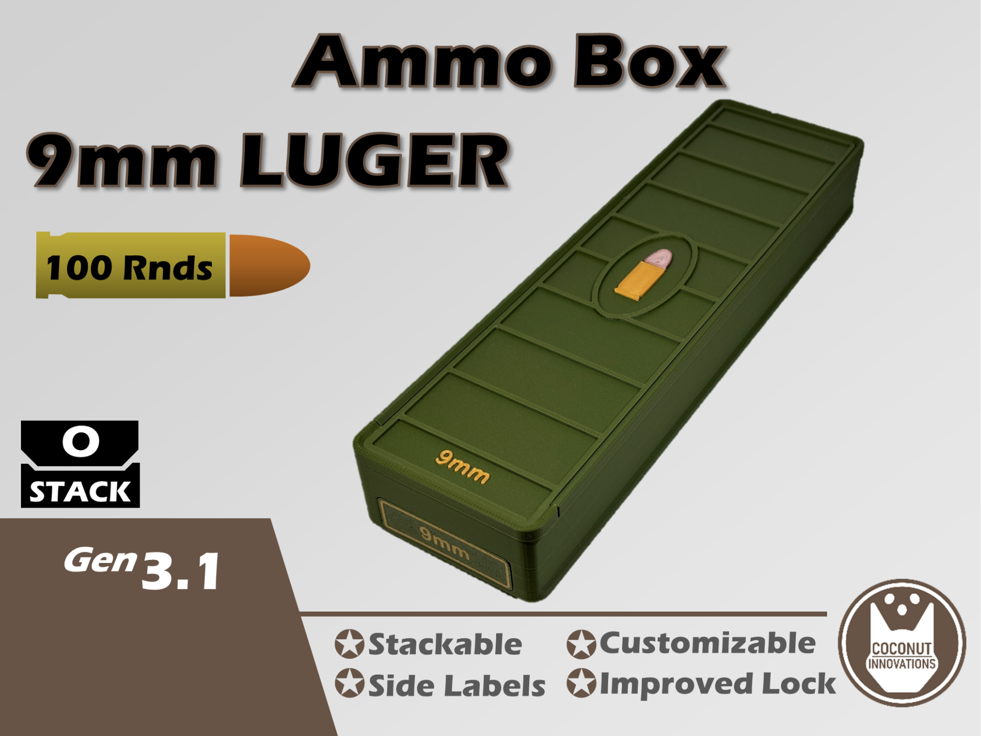 Ammo Storage Box - 9mm - 100 Rounds - 3D printed by Mythical Makers 3D