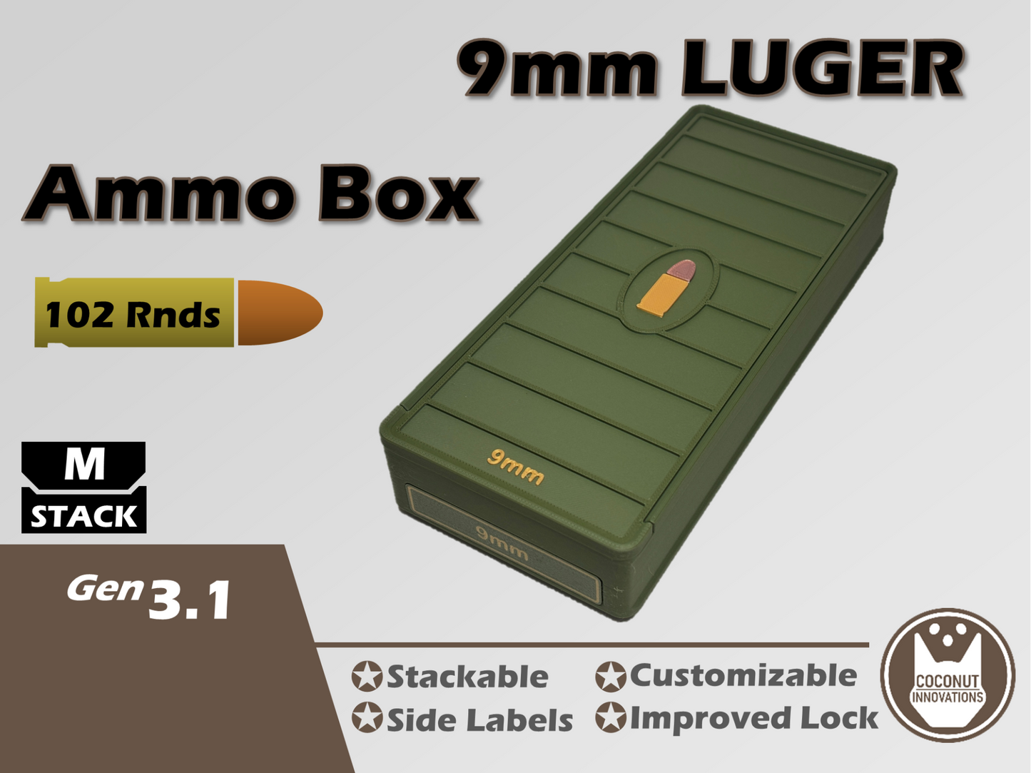 Ammo Storage Box - 9mm - 102 Rounds - Stacks with 22LR - 3D printed by Mythical Makers 3D