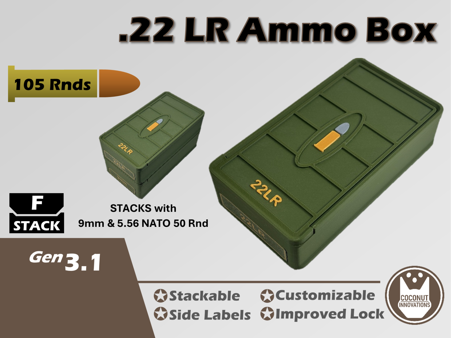 Ammo Storage Box - 22LR - 105 Rounds - Stacks with 9mm - 3D printed by Mythical Makers 3D