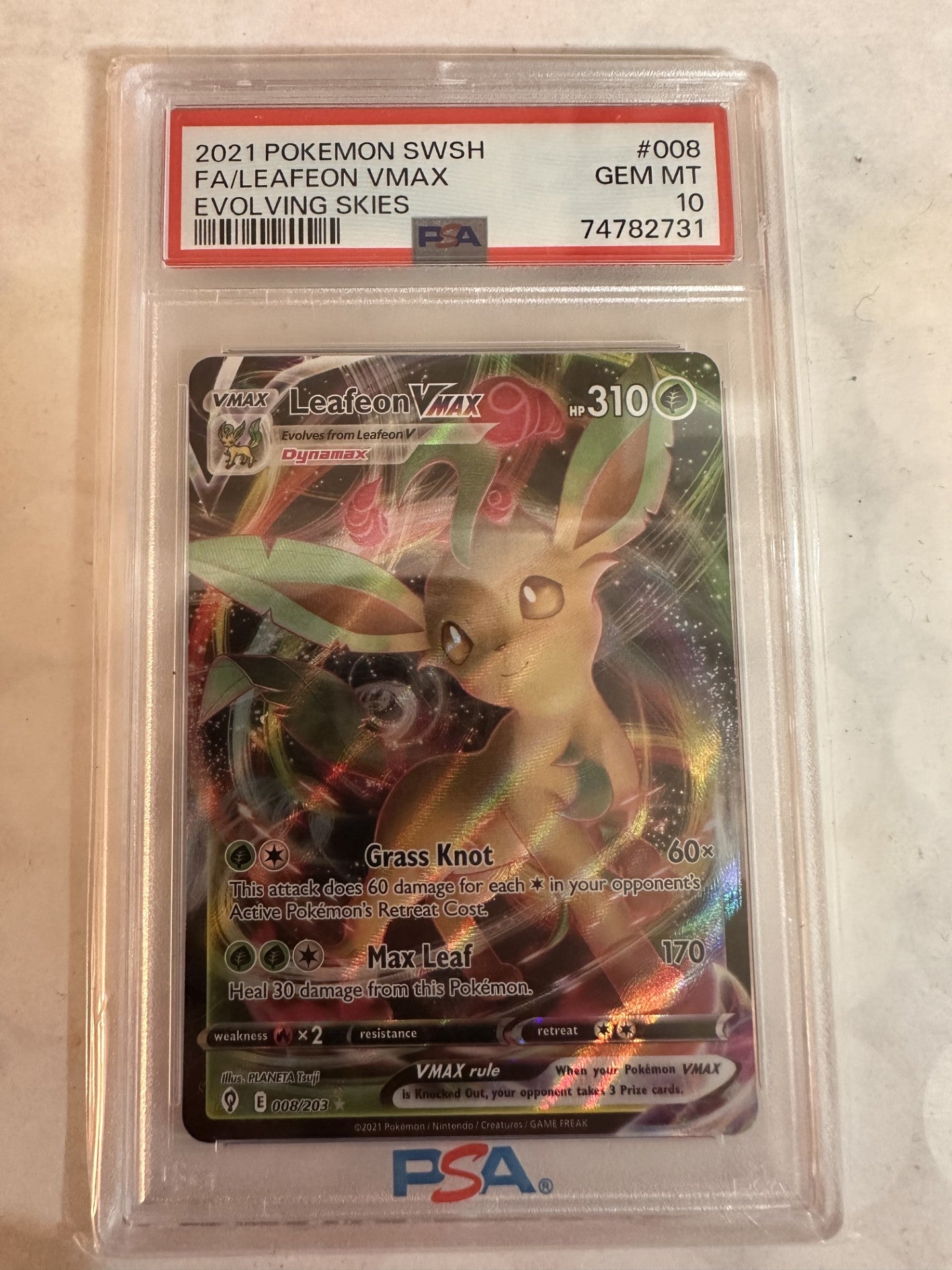 Leafeon VMAX PSA 10 Gem Mint graded slab — Evolving Skies 008/203