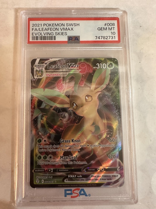 Leafeon VMAX PSA 10 Gem Mint graded slab — Evolving Skies 008/203
